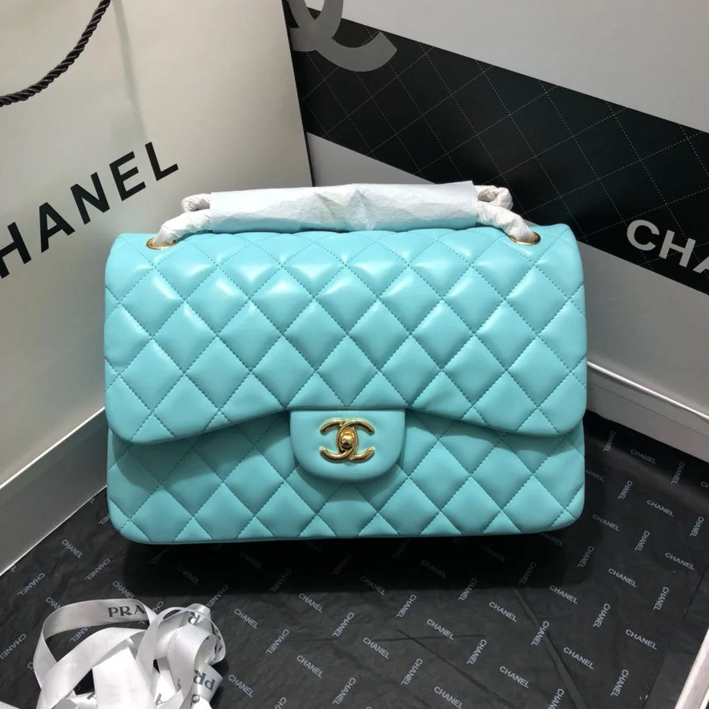 Large Classic Handbag Gold Hardware Blue 11.8in/30cm M709