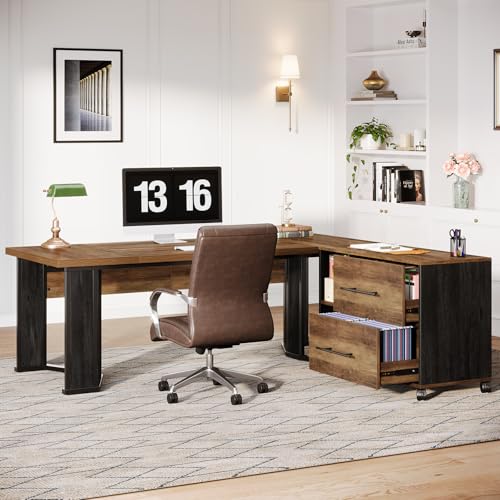 Brown and Black L Shaped Executive Desk with Mobile File Cabinet and 2 Drawers N223