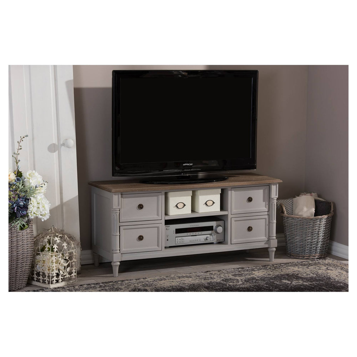 White Wash Distressed 4-Drawer TV Cabinet C92725