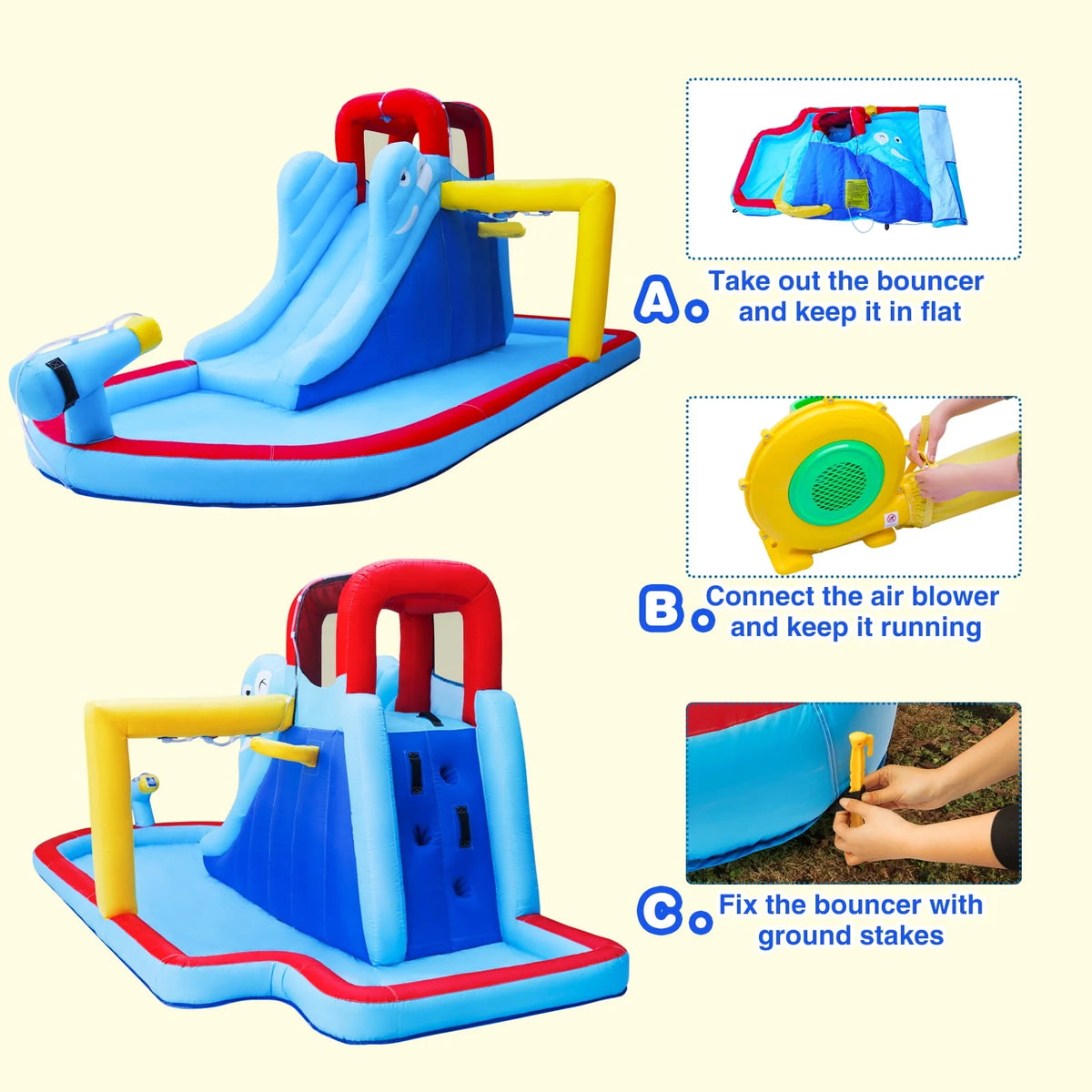 Kids Inflatable Water Slide Bouncer Playhouse Castle with Splash Pool, Climbing Wall, Basketball Hoop, Bag, Air Blower N915104