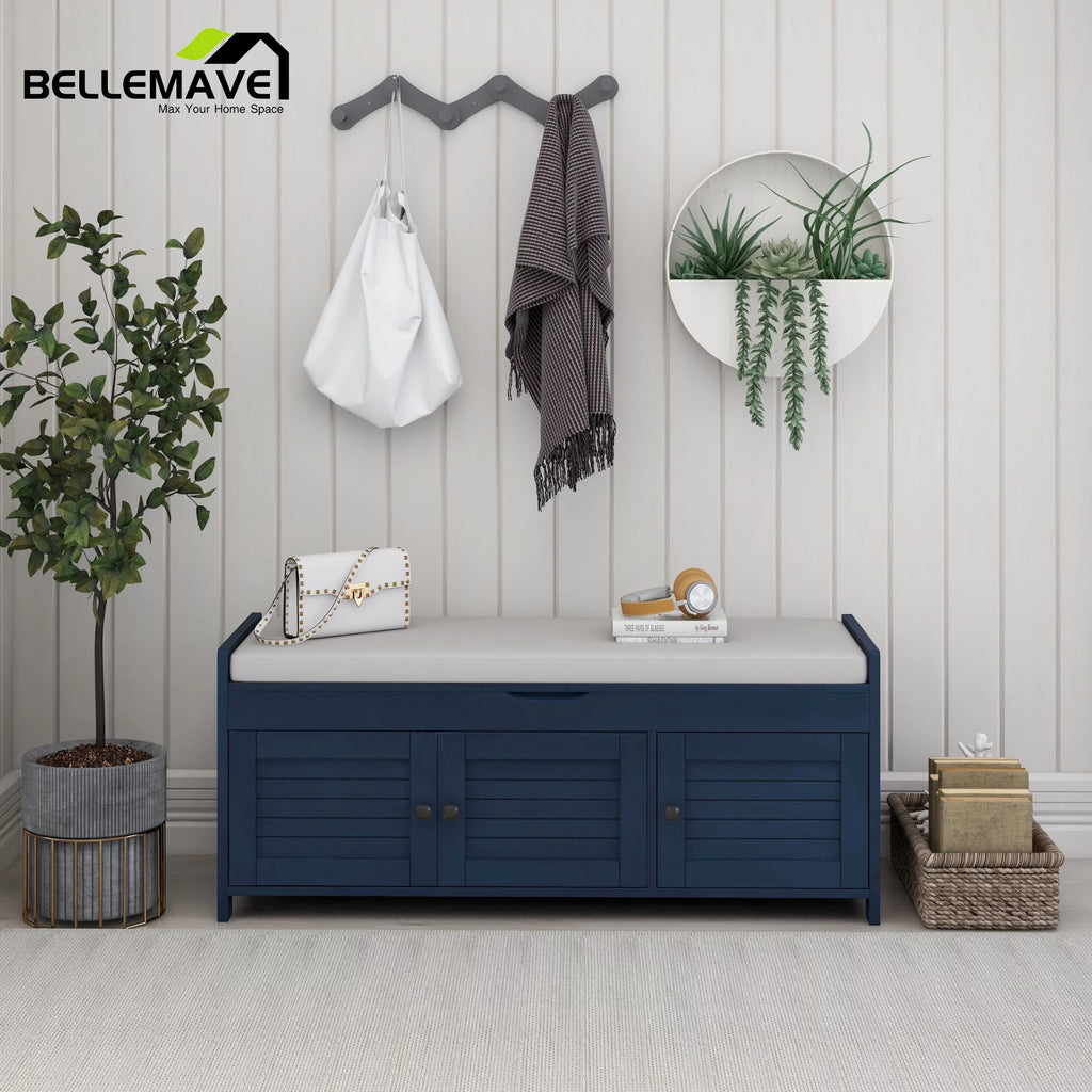 Navy Blue Wood Storage Bench with Removable Cushion and Shelves S594735