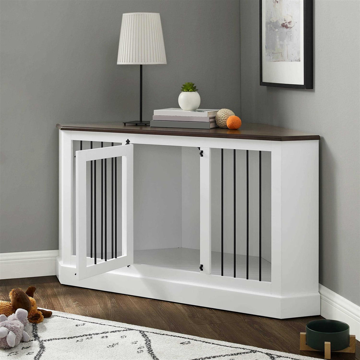 White Corner Credenza Dog Crate F871