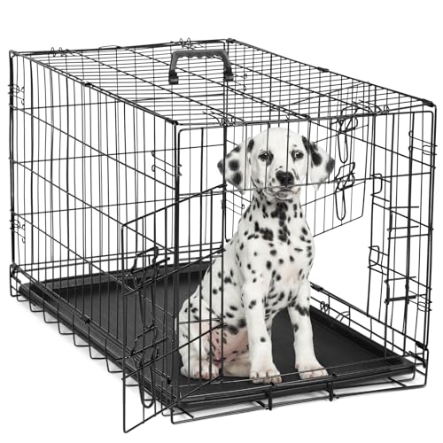 36 Inch Double Door Metal Dog Crate with Divider Panel and Plastic Leak-Proof Pan Tray R562214