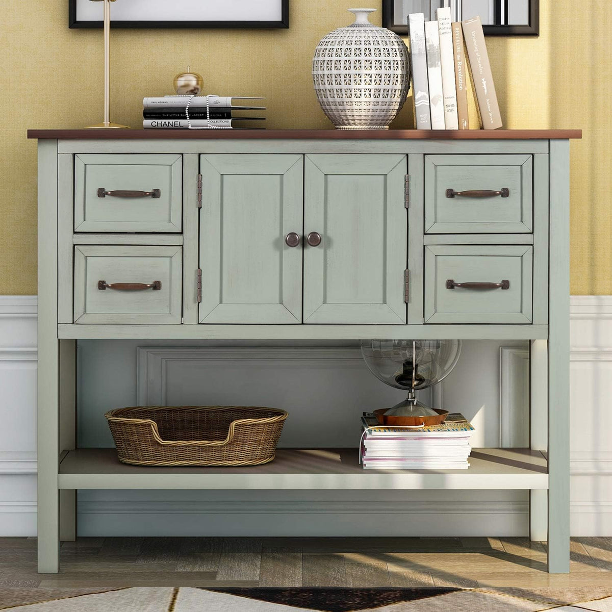 Green Wood Buffet Storage Cabinet with Drawers Y874