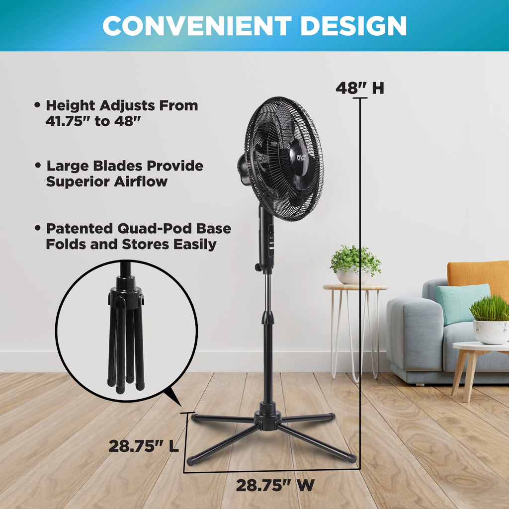 16” Oscillating Pedestal Fan, 3-speed, Adjustable Height and Tilt, Black N2598