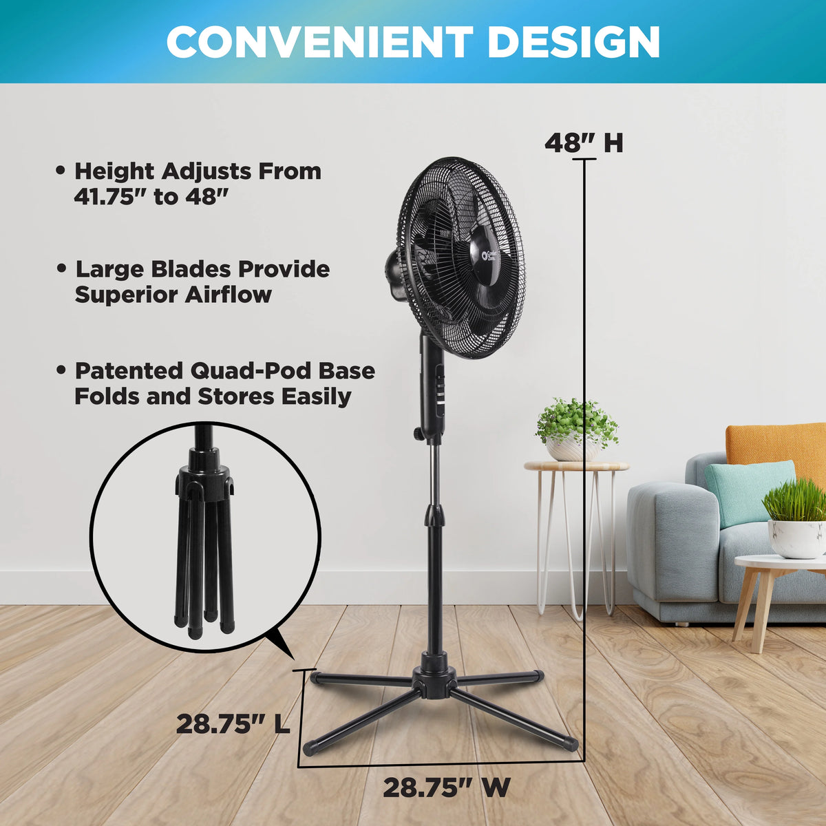 16” Oscillating Pedestal Fan, 3-speed, Adjustable Height and Tilt, Black N2598