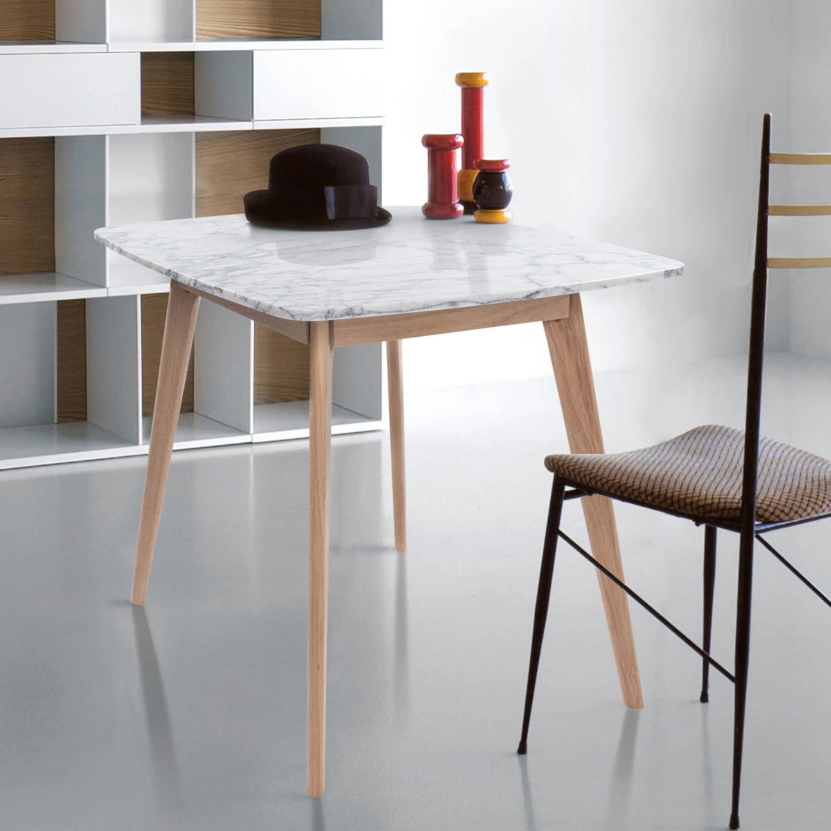 31" Square White Marble Dining Table with Oak Legs Y649204