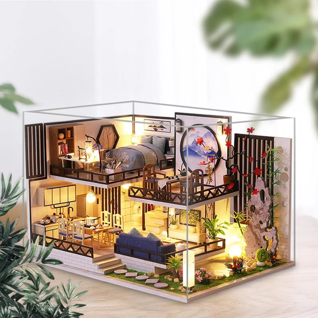 Miniature Wood Dollhouse with Furniture and Dustproof Cover O6599