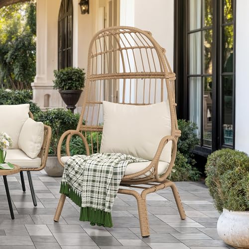 Beige Wicker Egg Chair with Ottoman C8349