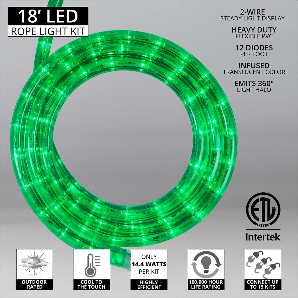 LED Green Rope Light Kit, 216 Lights, Connectable, Mounting Clips Included E770080