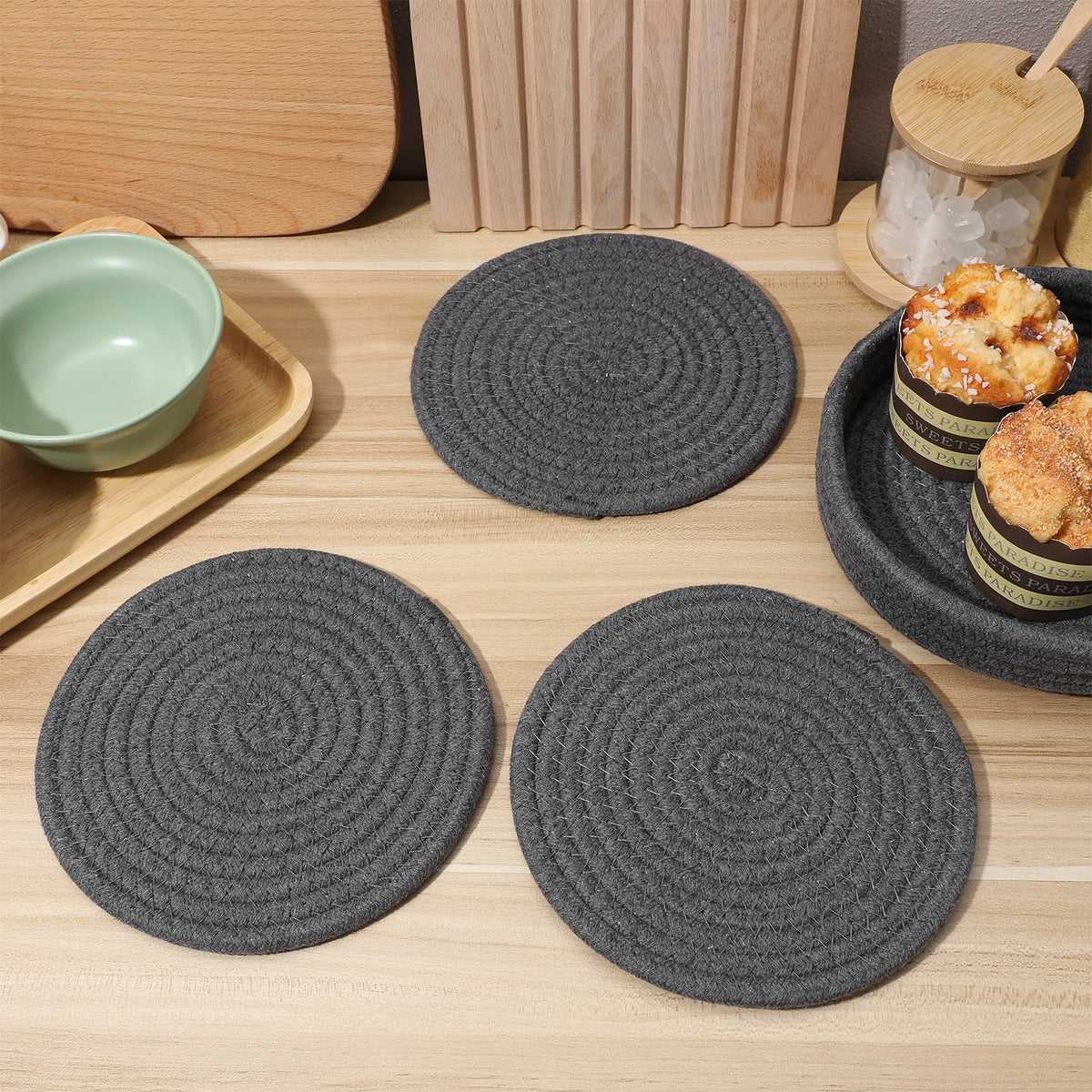 Dark Grey Cotton Rope Placemat Set Round Woven Coasters K657