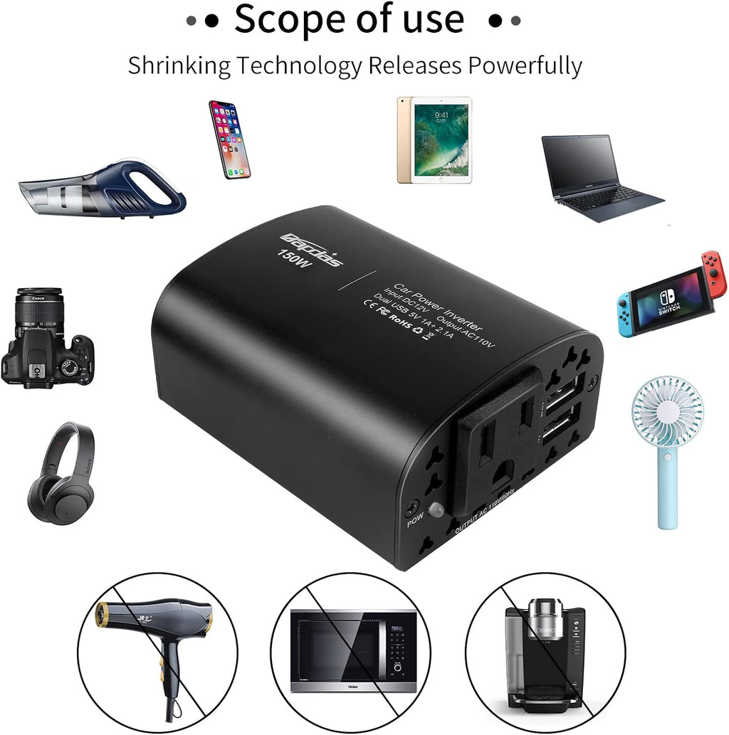 150W Car Power Inverter DC 12V to 110V AC 2 USB Ports Black Pack of 2 W528