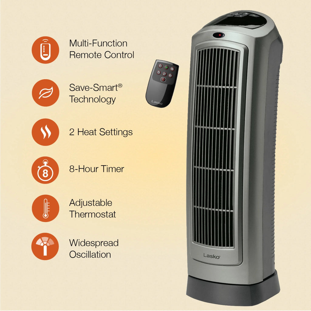 1500W Oscillating Ceramic Electric Tower Space Heater with Remote, Gray B2616