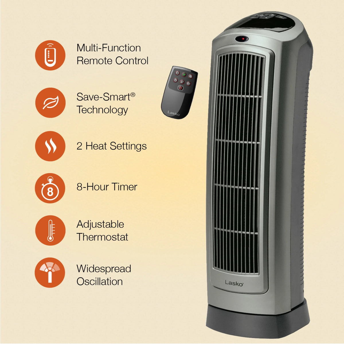 1500W Oscillating Ceramic Electric Tower Space Heater with Remote, Gray B2616