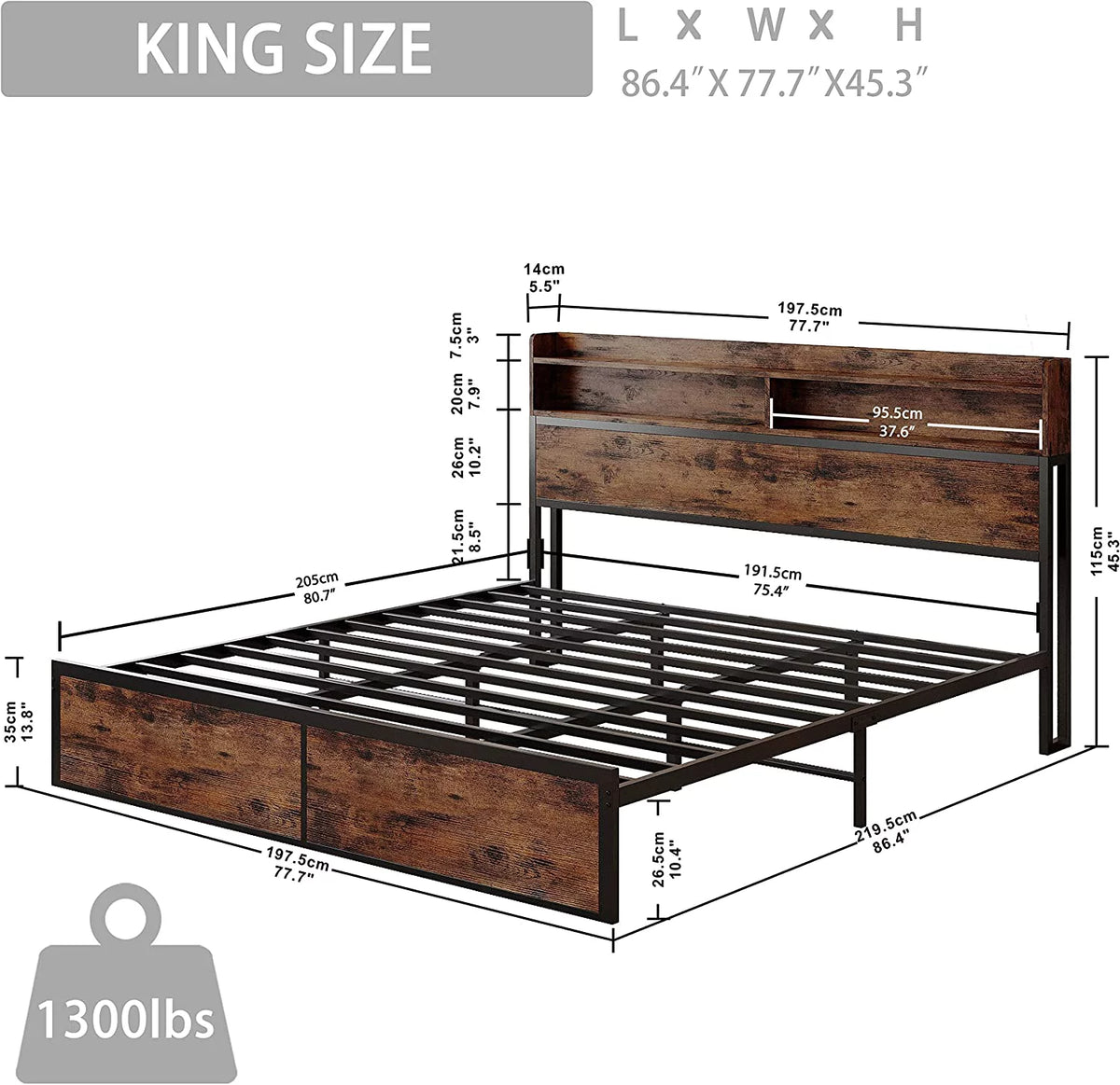 King Size Platform Storage Bed with Bookcase Headboard Z580911