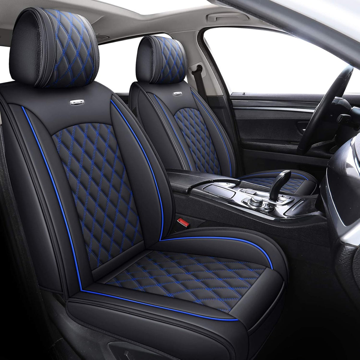 Waterproof Leather Car Seat Covers Full Set Black-Blue W48871