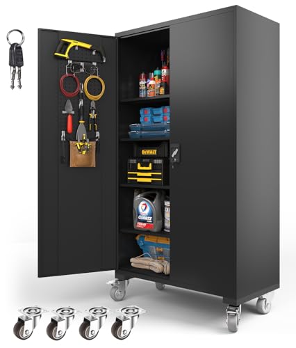 72 Inch Black Lockable Metal Storage Cabinet with Wheels N288