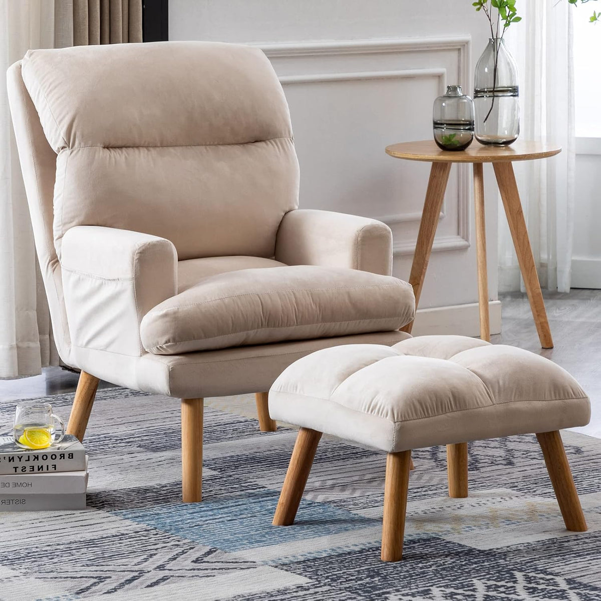 Beige Accent Chair with Ottoman C9546