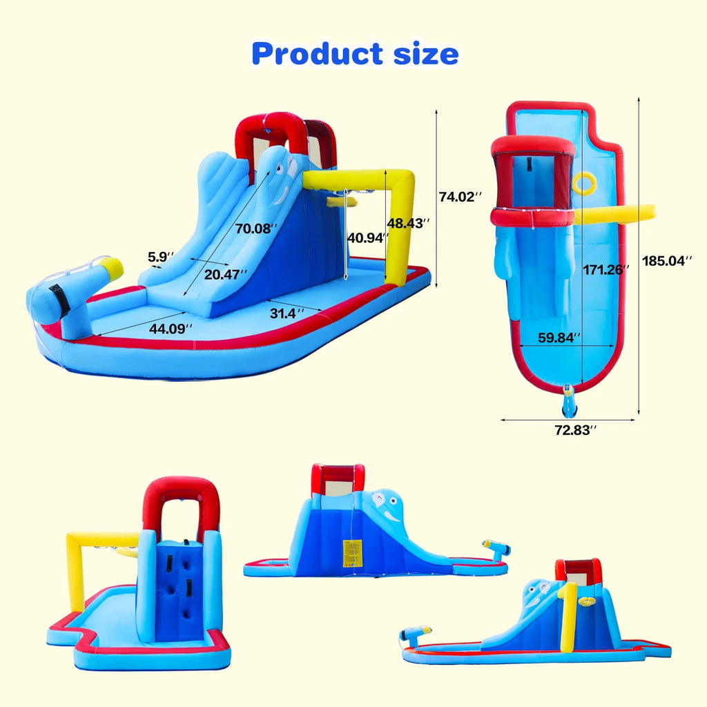Kids Inflatable Water Slide Bouncer Playhouse Castle with Splash Pool, Climbing Wall, Basketball Hoop, Bag, Air Blower N915104