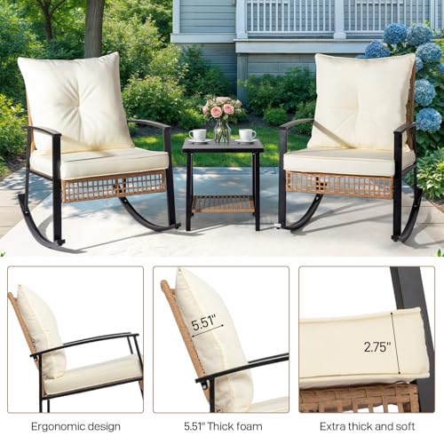 3-Piece Rattan Rocking Bistro Set with Cushions I101