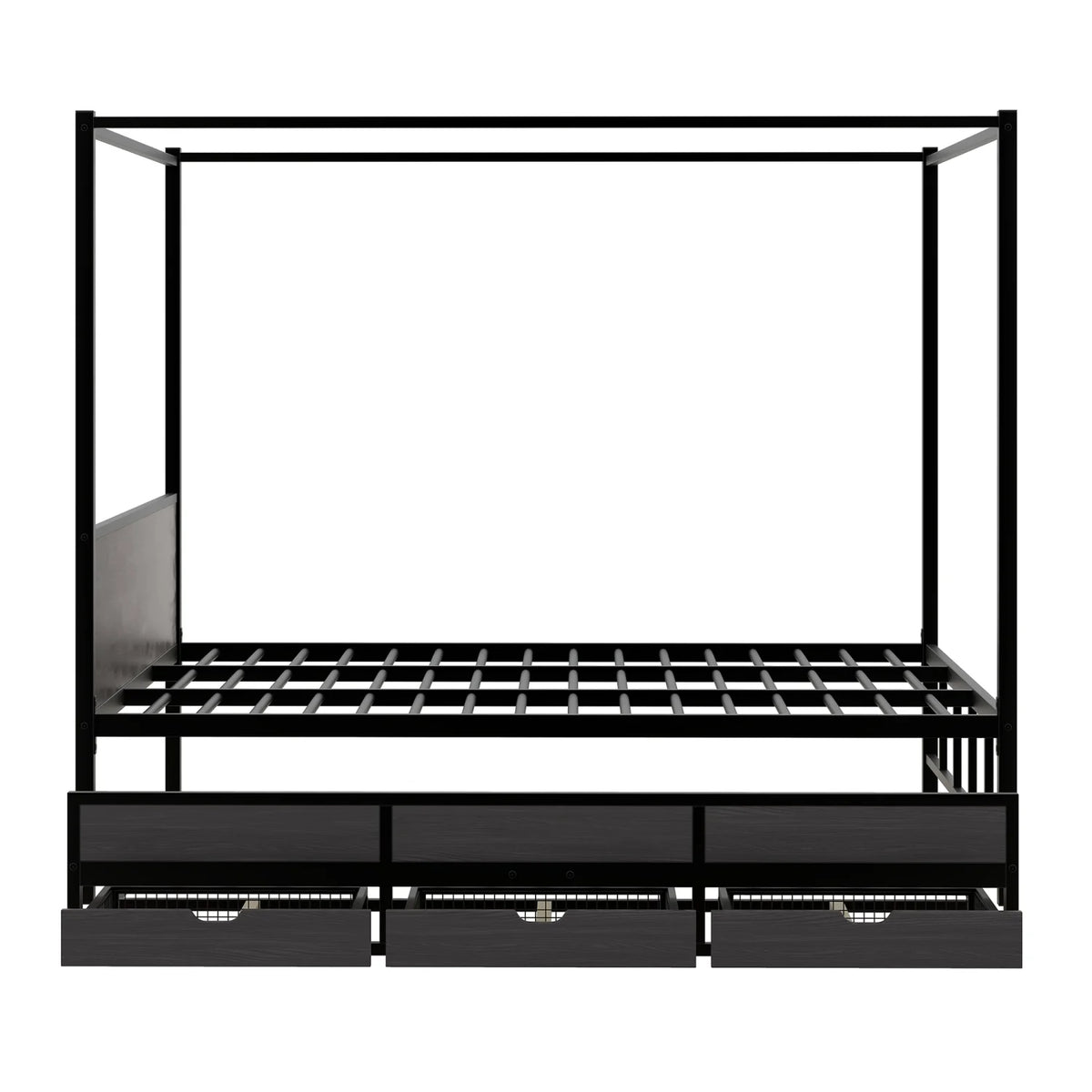 Queen Size Black Metal Canopy Platform Bed with Trundle and 3 Storage Drawers B165