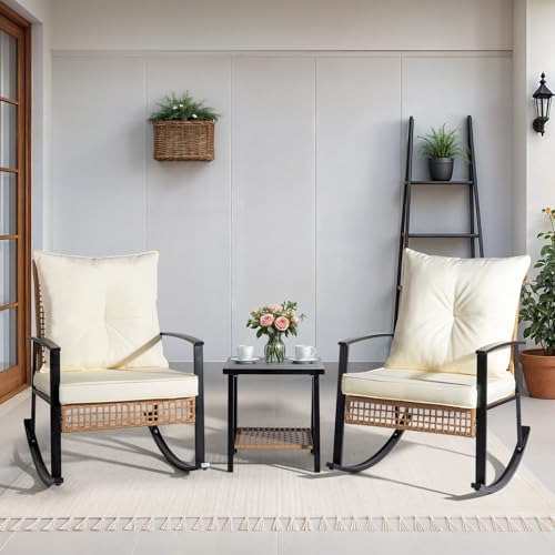 3-Piece Rattan Rocking Bistro Set with Cushions I101
