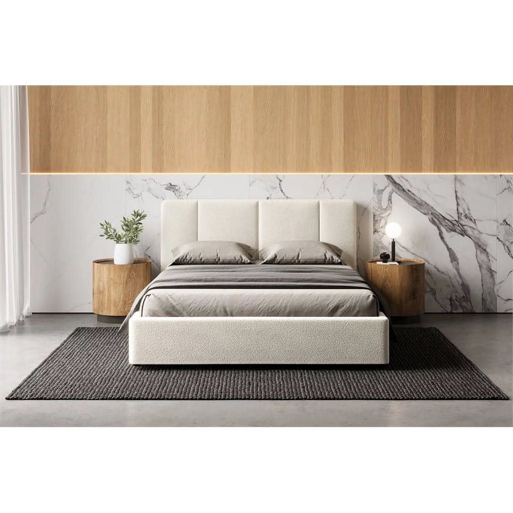 Queen Bed Cream Beige Boucle Fabric N874793