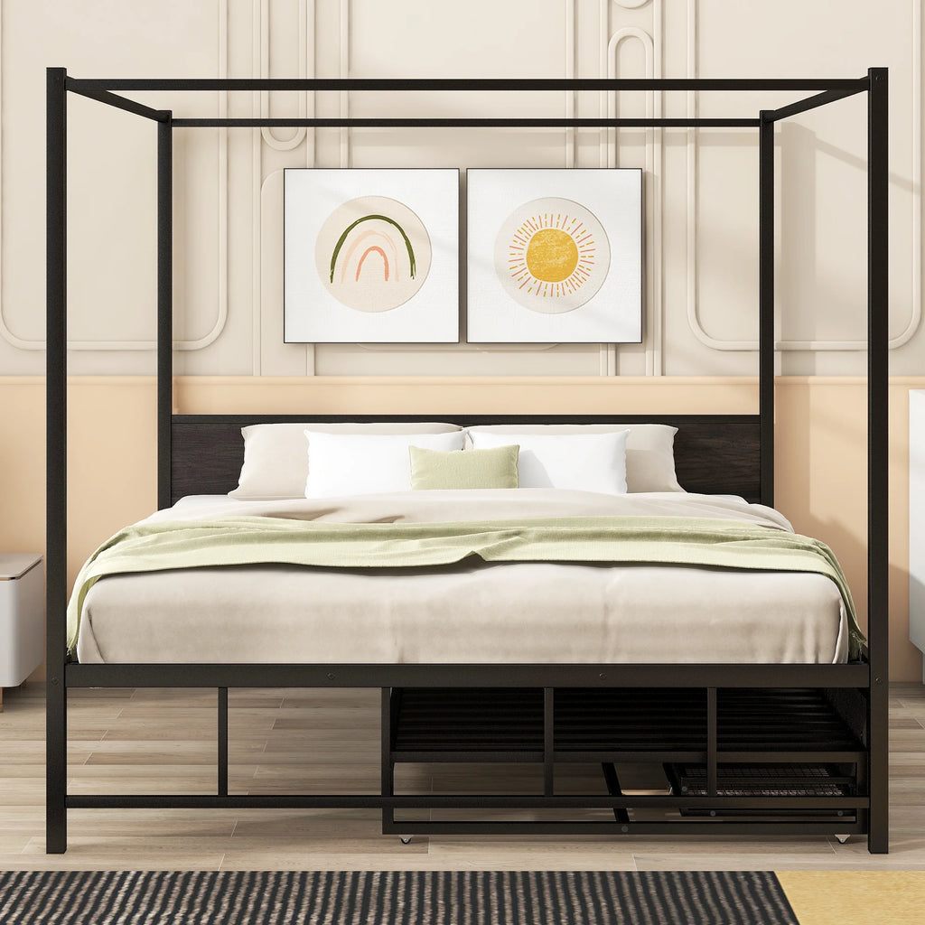 Queen Size Black Metal Canopy Platform Bed with Trundle and 3 Storage Drawers B165