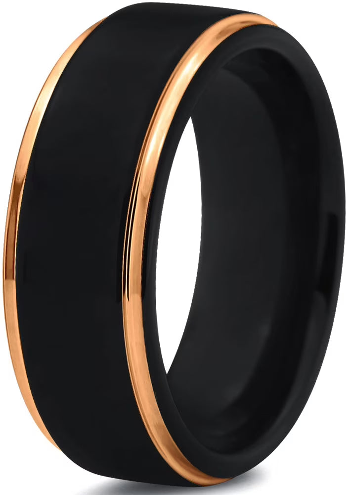 Tungsten Wedding Band Ring 8mm Black 18K Yellow Gold Plated Stepped Edge Polished Size 5.5 Y641167