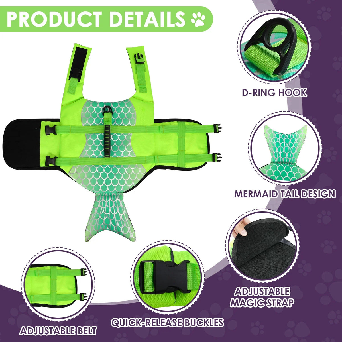 Mermaid Dog Life Jacket with Rescue Handle O3274