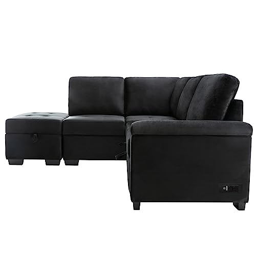 Navy Blue L Shaped Sofa Bed with Pillows and USB Ports J926448