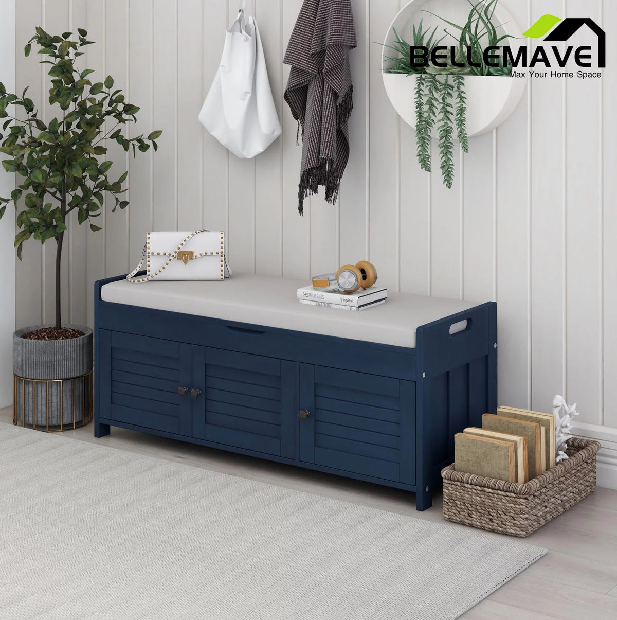 Navy Blue Wood Storage Bench with Removable Cushion and Shelves S594735