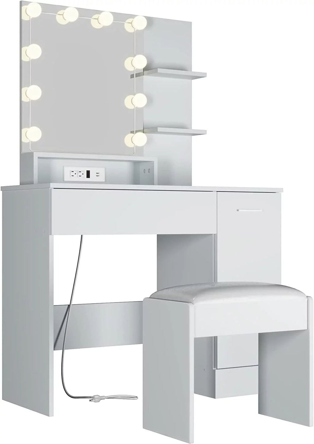 White Vanity Desk with Charging Station and Drawer C3241