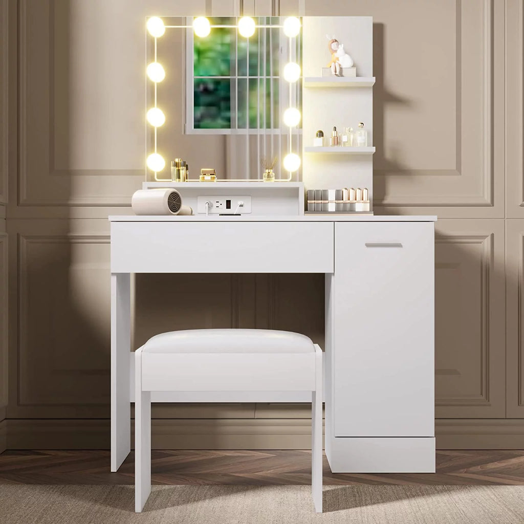 White Vanity Desk with Charging Station and Drawer C3241