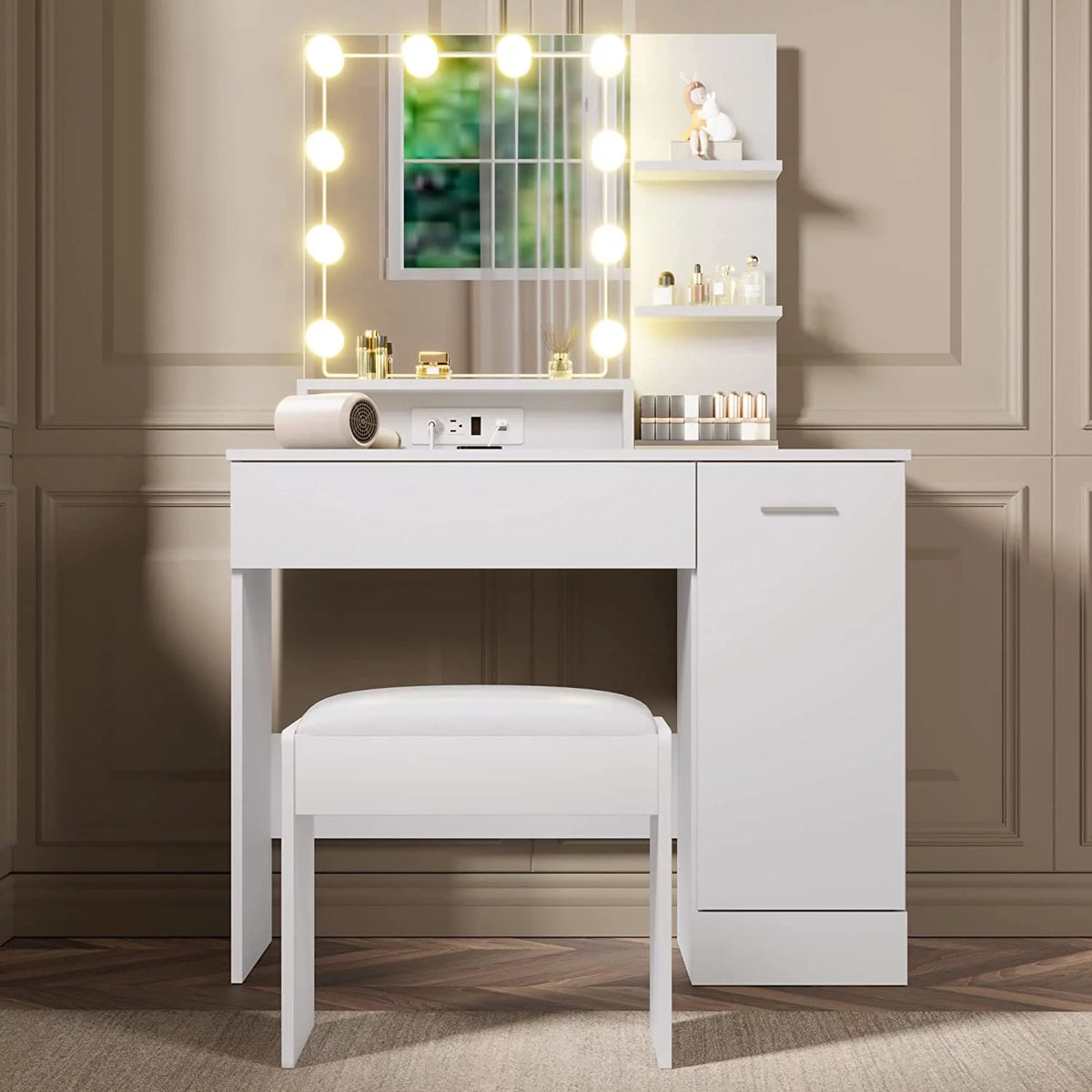 White Vanity Desk with Charging Station and Drawer C3241