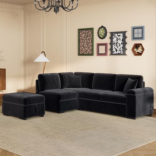 Navy Blue L Shaped Sofa Bed with Pillows and USB Ports J926448