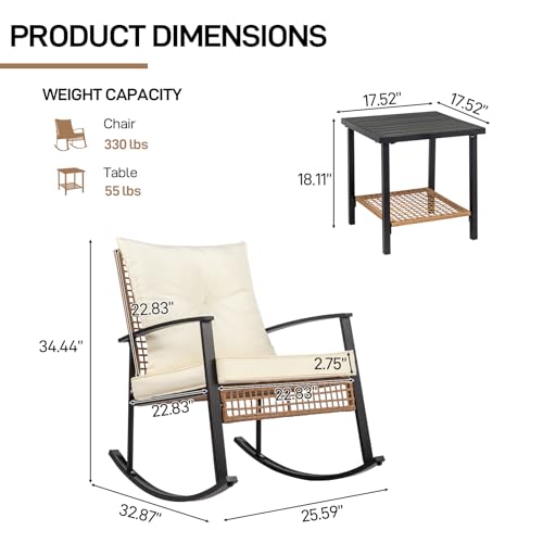 3-Piece Rattan Rocking Bistro Set with Cushions I101