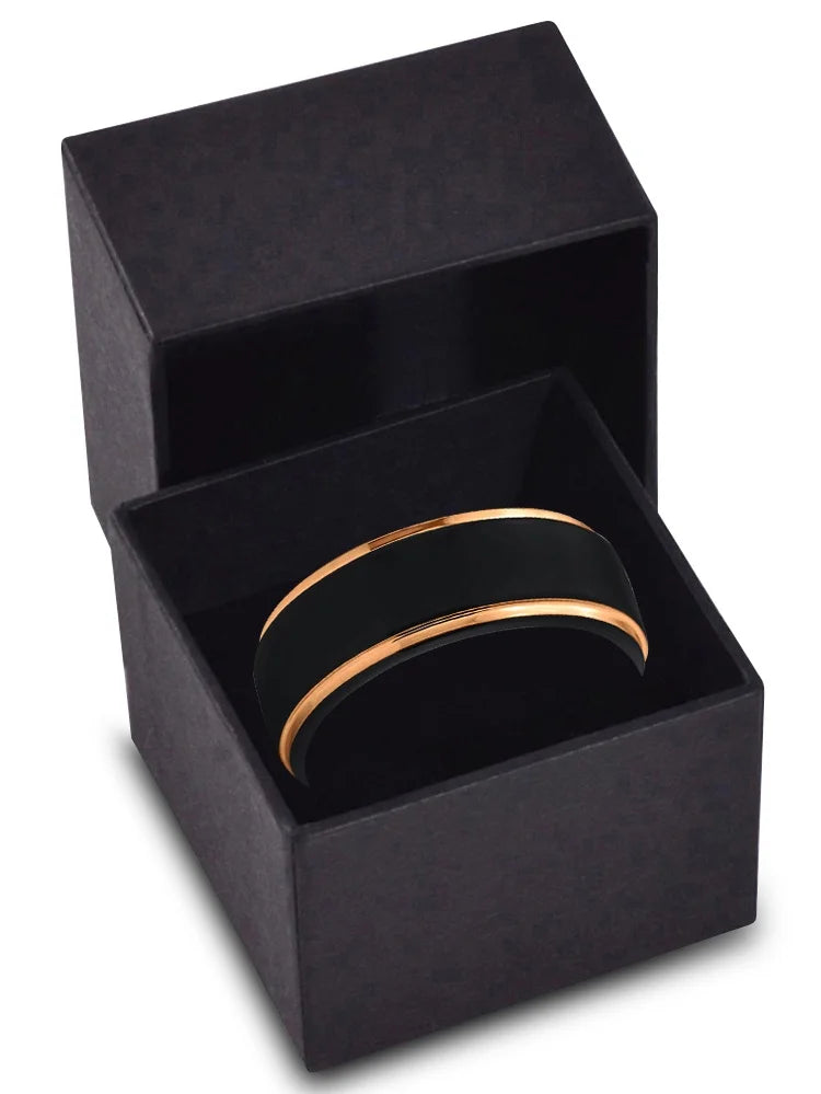 Tungsten Wedding Band Ring 8mm Black 18K Yellow Gold Plated Stepped Edge Polished Size 5.5 Y641167