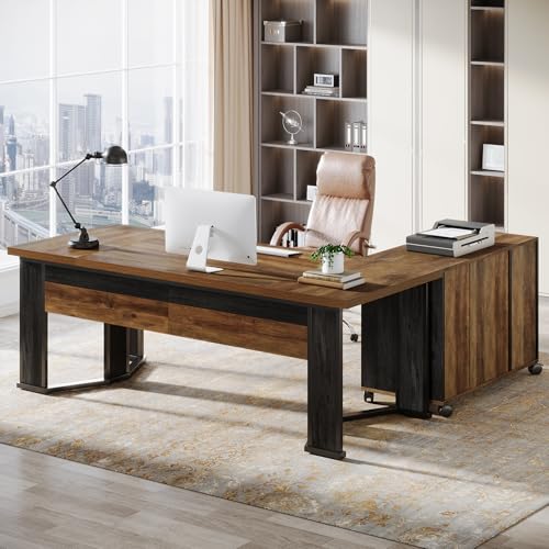 Brown and Black L Shaped Executive Desk with Mobile File Cabinet and 2 Drawers N223