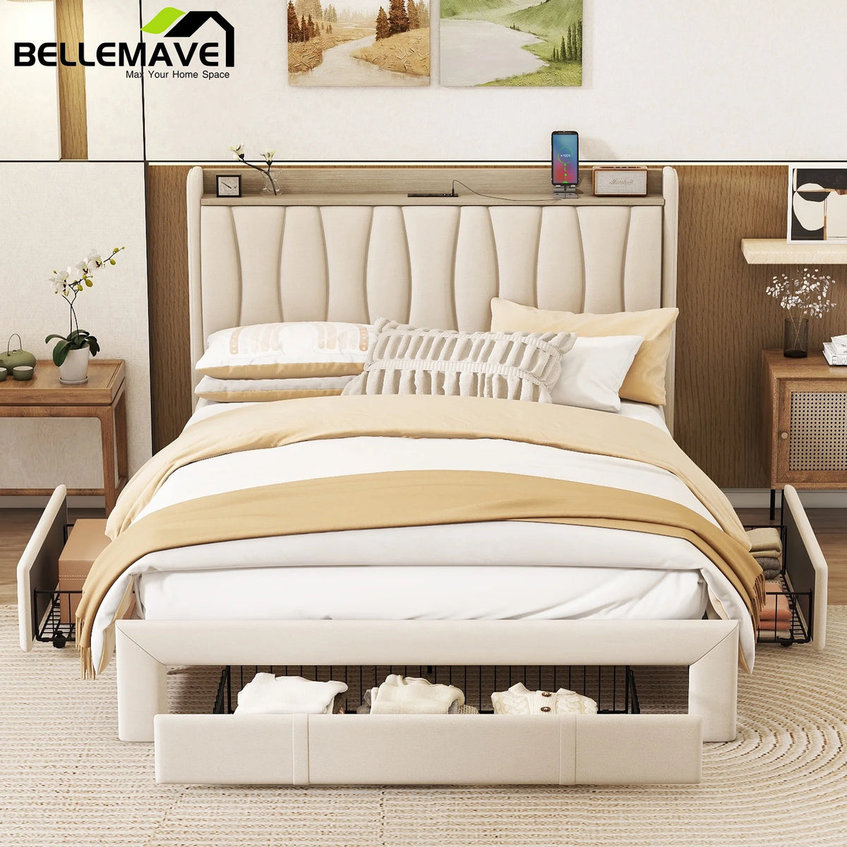 Queen Size Upholstered Platform Bed Frame with 3 Drawers G7359