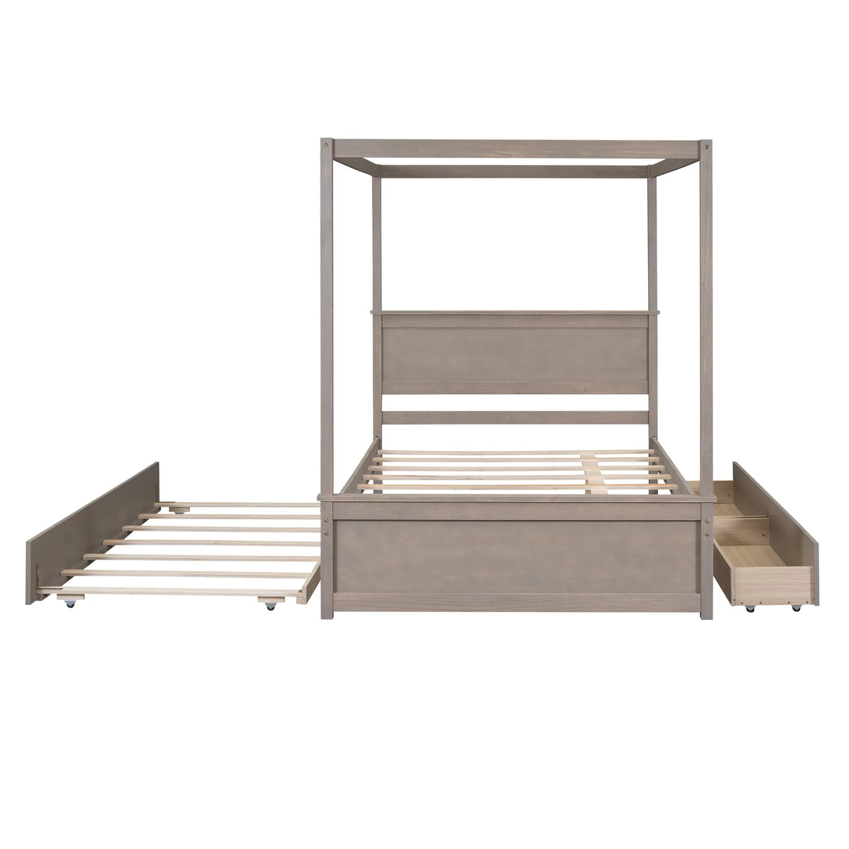 Light Brown Full Size Wood Canopy Platform Bed with 2 Drawers and Trundle Z4229