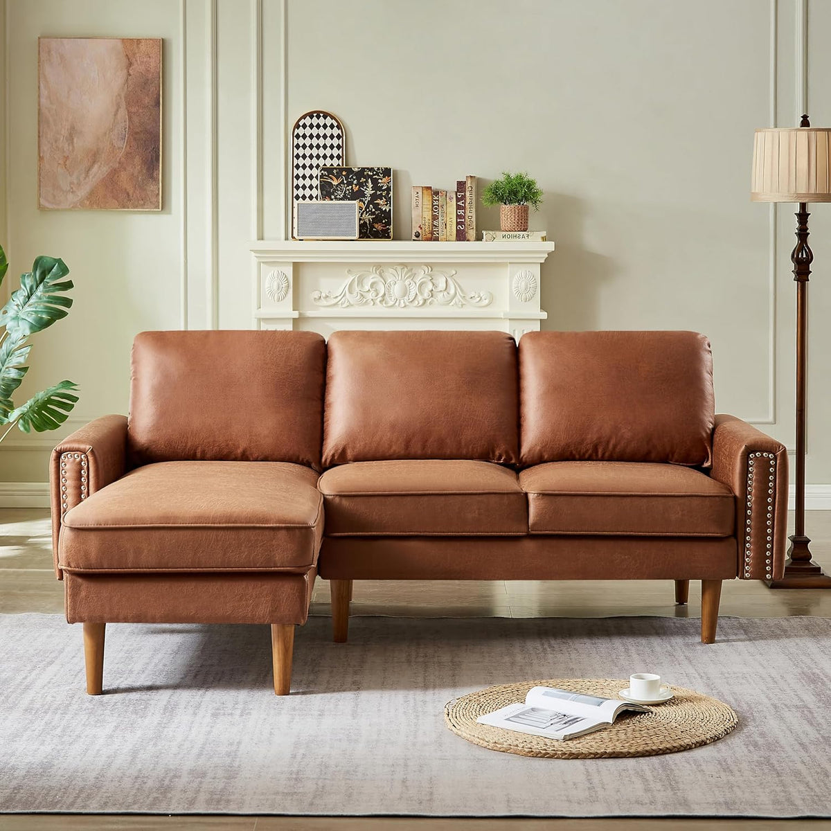 Brown L-Shape Sofa Couch with Suede Fabric U19157