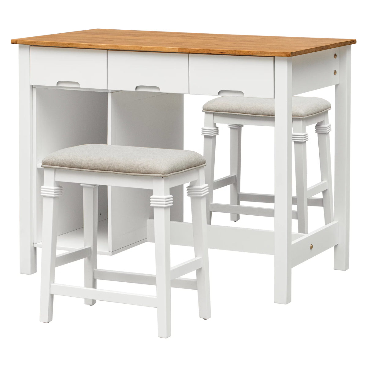 White 3-piece Rubber Wood Kitchen Island Set with 2 Shelves and 3 Drawers U16947