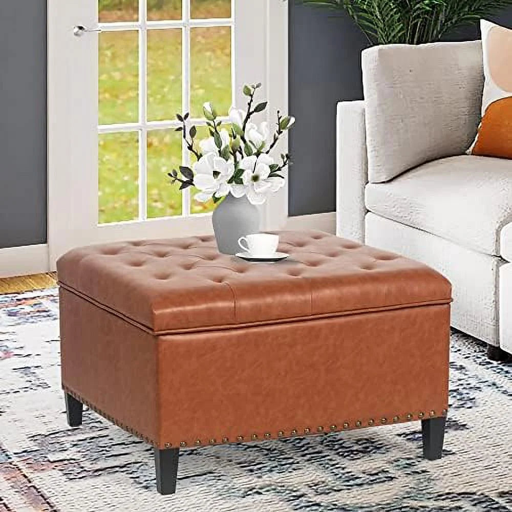 Orange Upholstered Tufted Ottoman Bench with Wood Legs T895