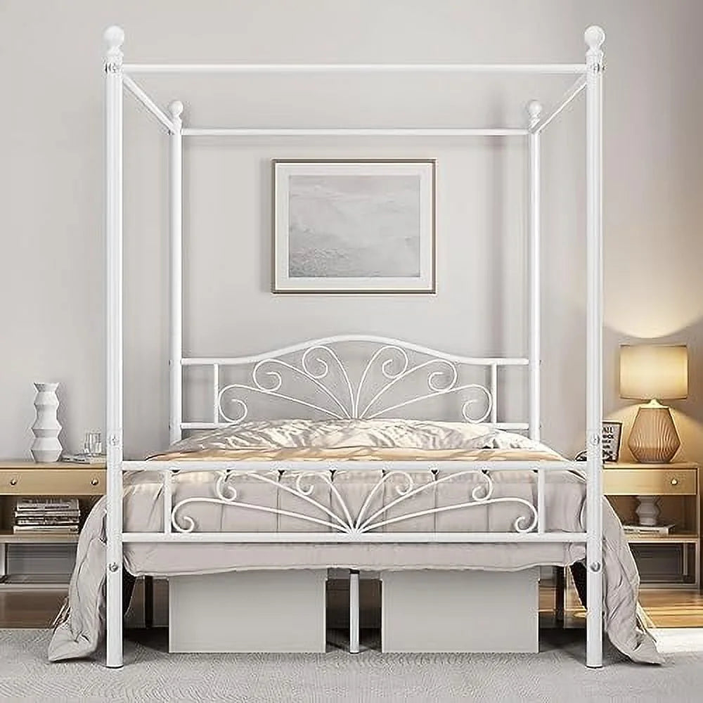 White Metal Canopy Platform Bed Frame with Arched Headboard Q4770