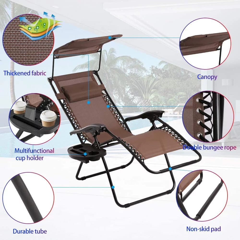 Zero Gravity Chair Set of 2 Folding Recliner with Canopy and Cup Holder Brown P69661