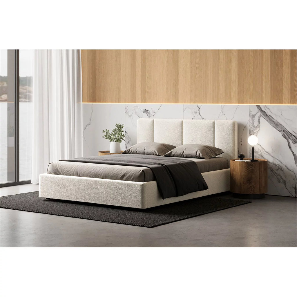 Queen Bed Cream Beige Boucle Fabric N874793