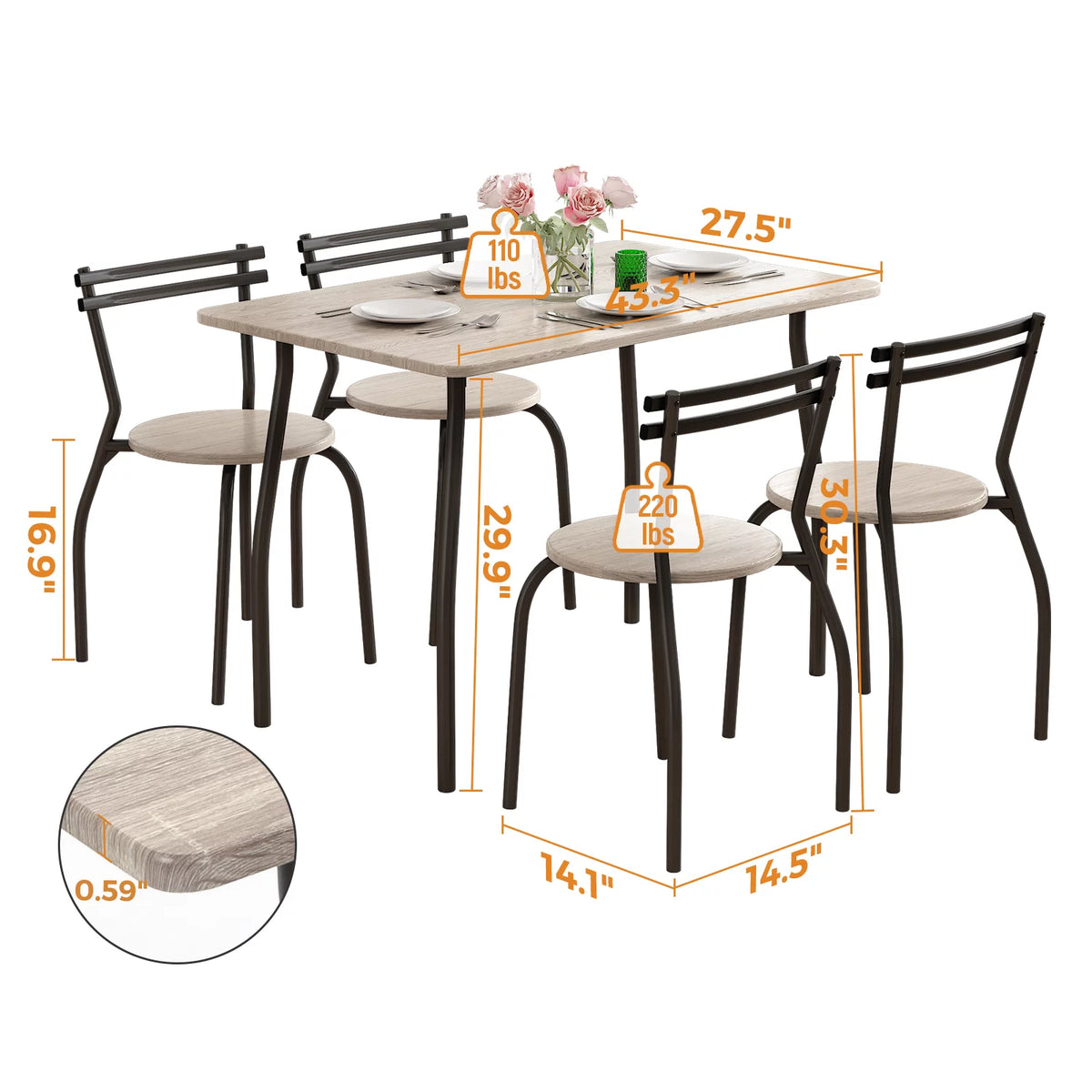 5-Piece Kitchen Table and Chairs for 4 Metal Frame V16334