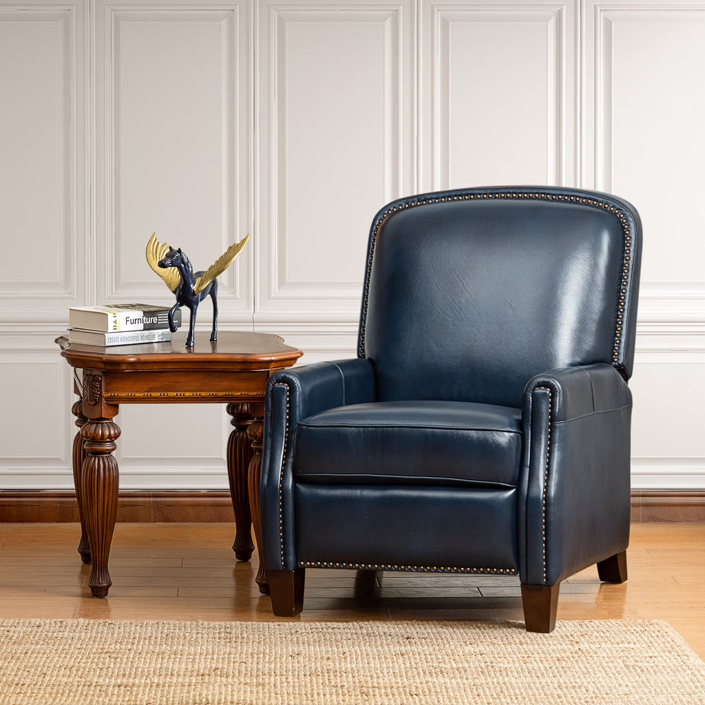 Navy Leather Recliner Armchair with Birch Wood Legs Z374533