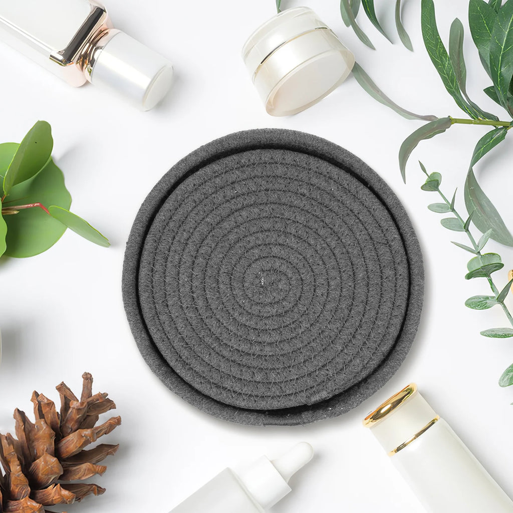 Dark Grey Cotton Rope Placemat Set Round Woven Coasters K657